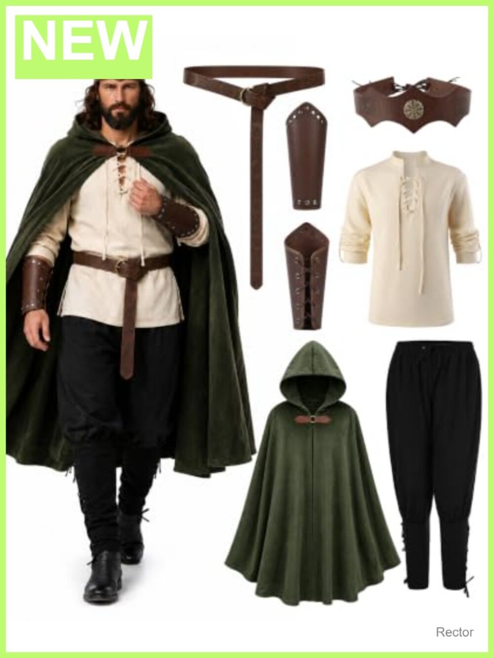 Men's Renaissance Costume 7-Piece Medieval Set Hooded Cloak Shirt Pants
